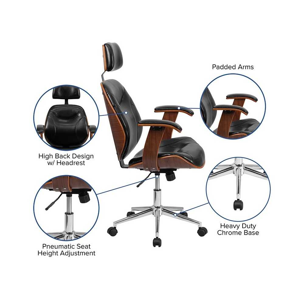High Back Black LeatherSoft Executive Ergonomic Wood Swivel Office Chair with Arms