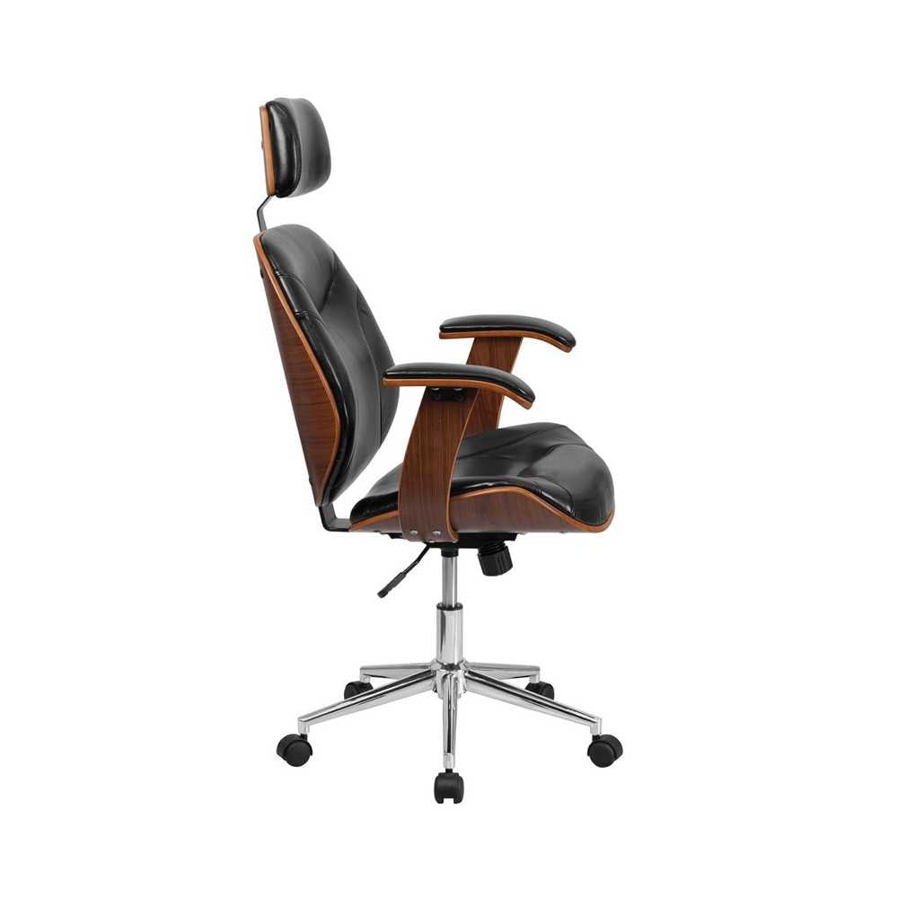 High Back Black LeatherSoft Executive Ergonomic Wood Swivel Office Chair with Arms
