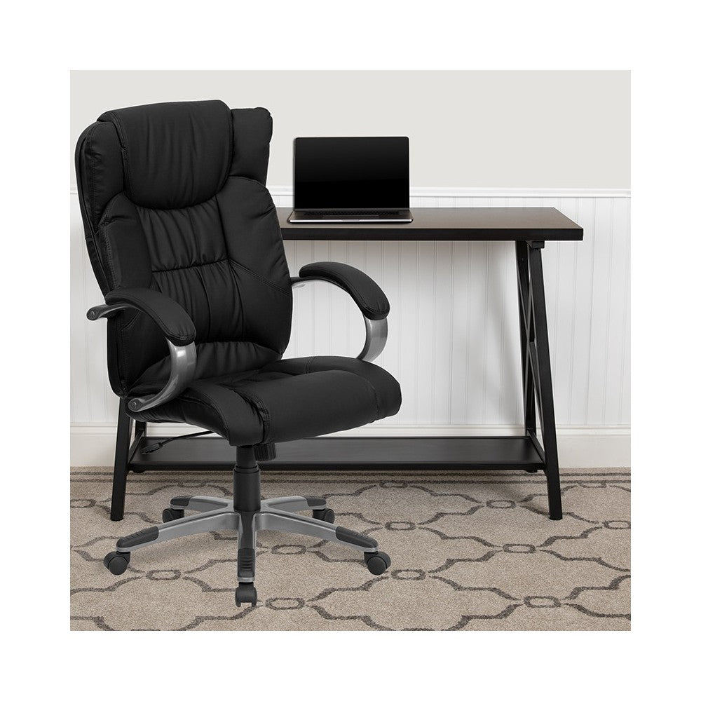 High Back Black LeatherSoft Executive Swivel Office Chair with Titanium Nylon Base and Loop Arms