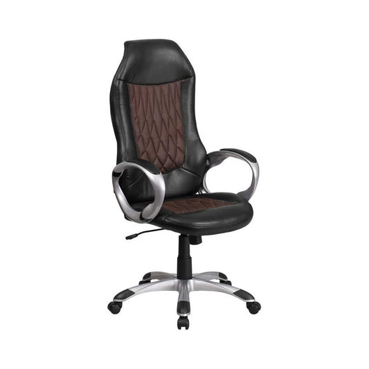 High Back Brown Fabric and Black Vinyl Executive Swivel Office Chair with Arms