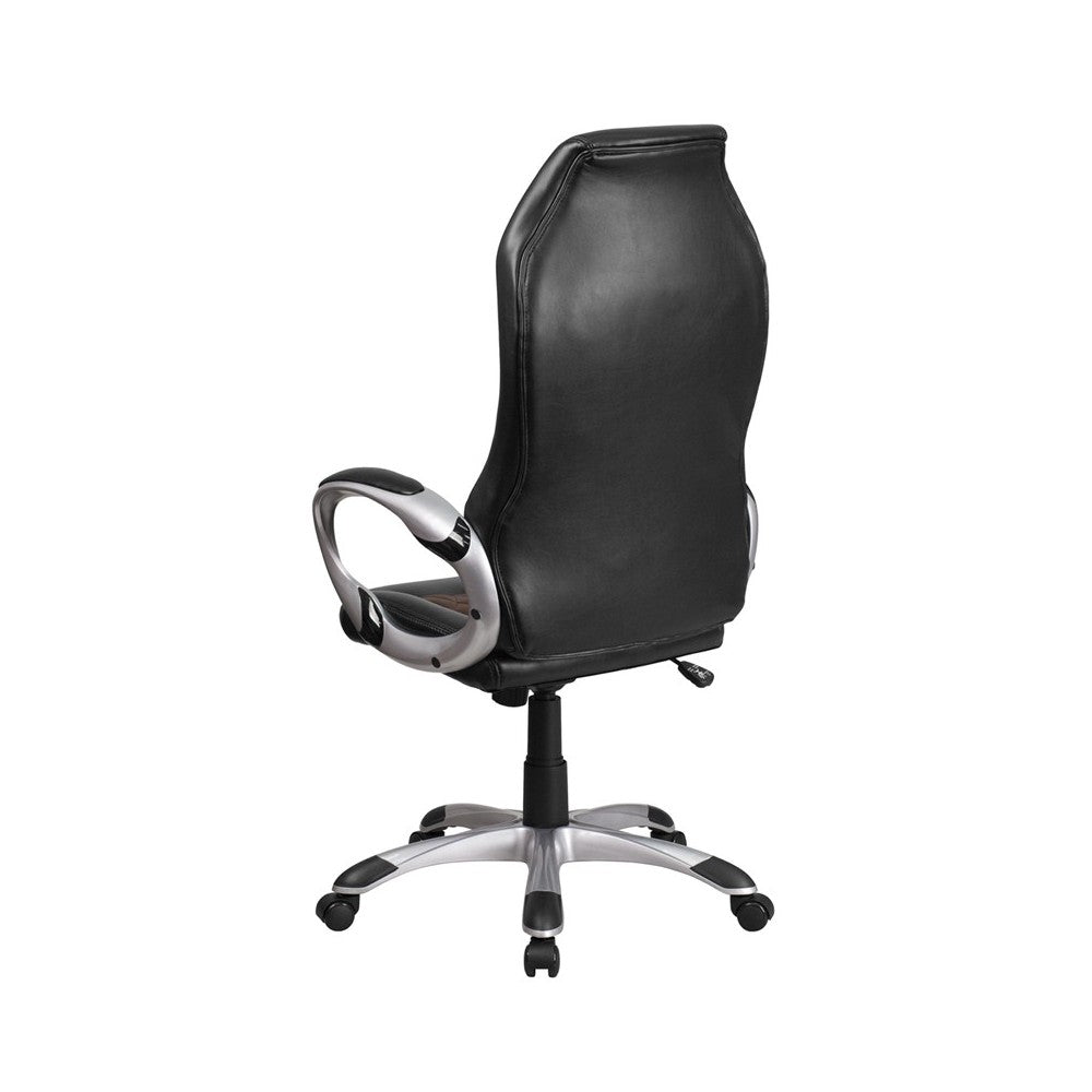 High Back Brown Fabric and Black Vinyl Executive Swivel Office Chair with Arms