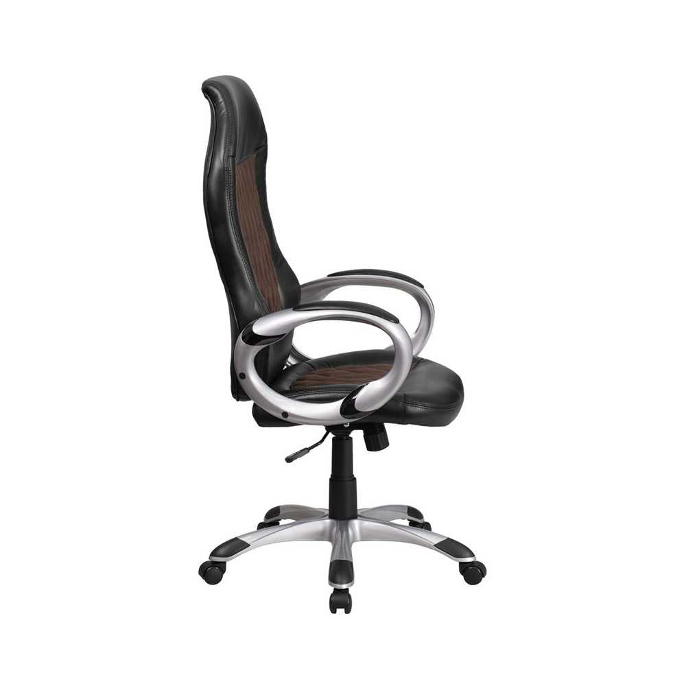High Back Brown Fabric and Black Vinyl Executive Swivel Office Chair with Arms