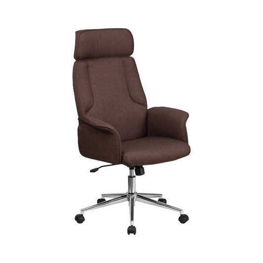 High Back Brown Fabric Executive Swivel Office Chair with Chrome Base and Fully Upholstered Arms