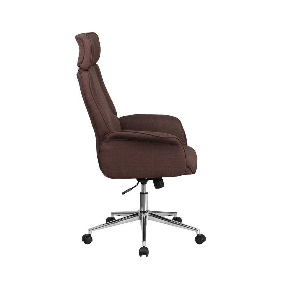 High Back Brown Fabric Executive Swivel Office Chair with Chrome Base and Fully Upholstered Arms
