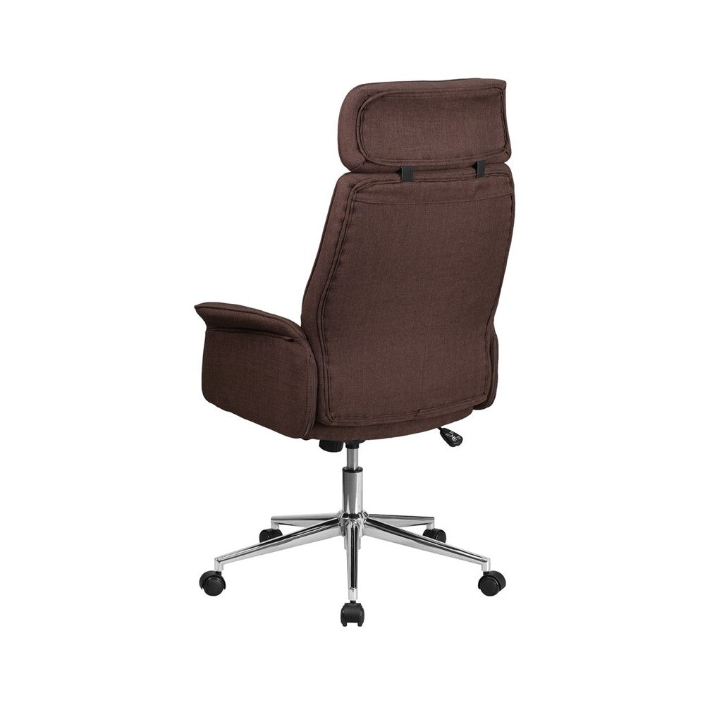 High Back Brown Fabric Executive Swivel Office Chair with Chrome Base and Fully Upholstered Arms