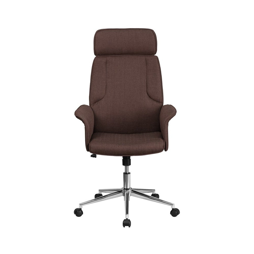 High Back Brown Fabric Executive Swivel Office Chair with Chrome Base and Fully Upholstered Arms