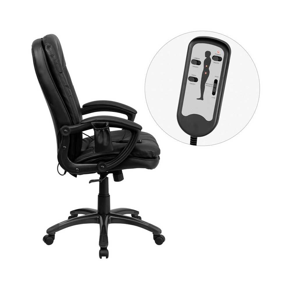 High Back Ergonomic Massaging Black LeatherSoft Executive Swivel Office Chair with Remote Pocket and Arms