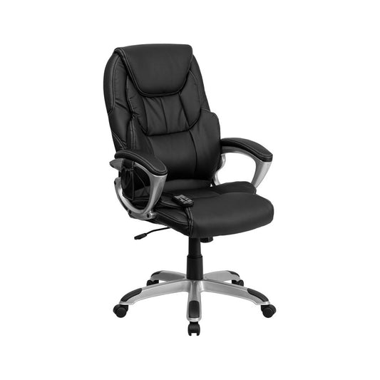 High Back Ergonomic Massaging Black LeatherSoft Executive Swivel Office Chair with Silver Base and Arms