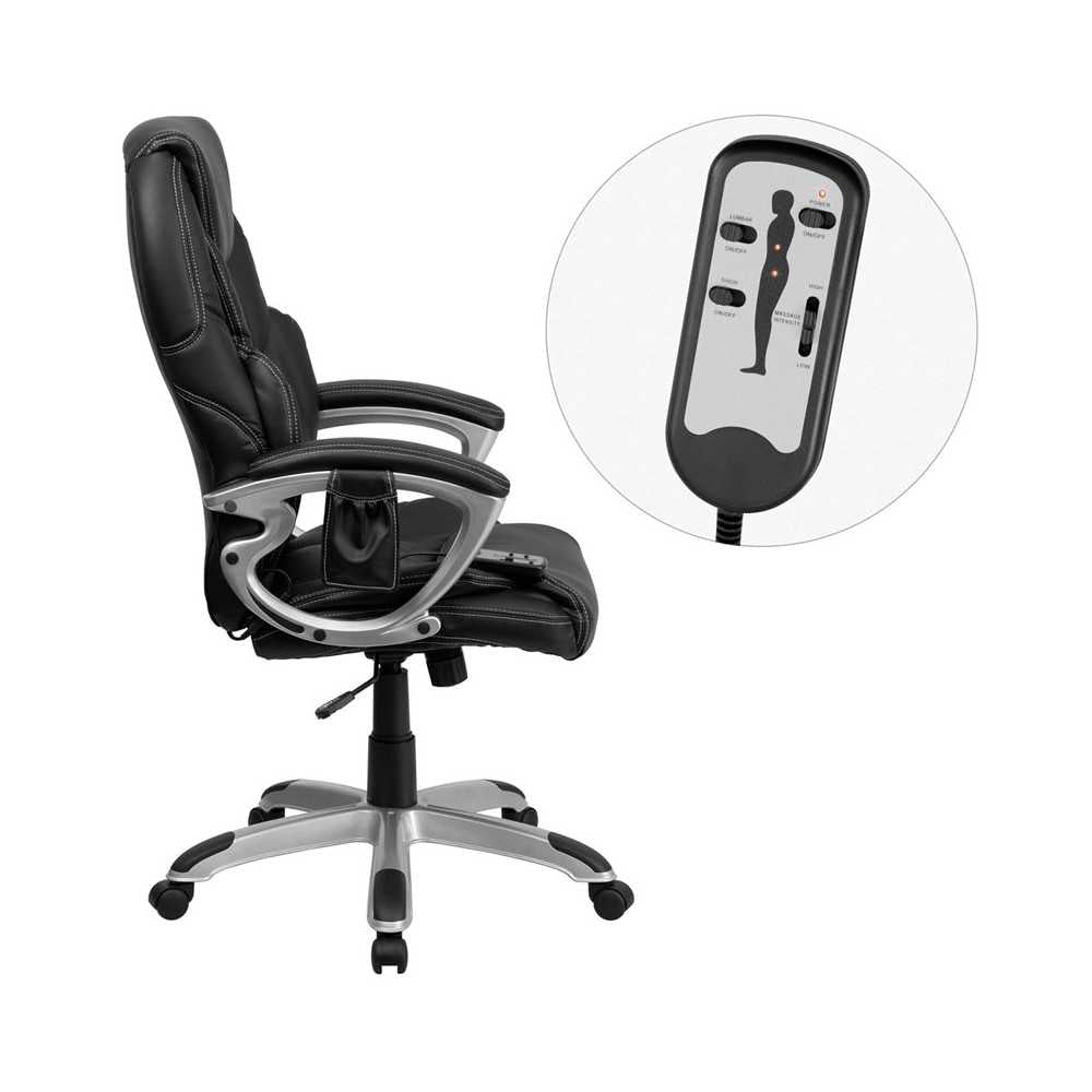 High Back Ergonomic Massaging Black LeatherSoft Executive Swivel Office Chair with Silver Base and Arms