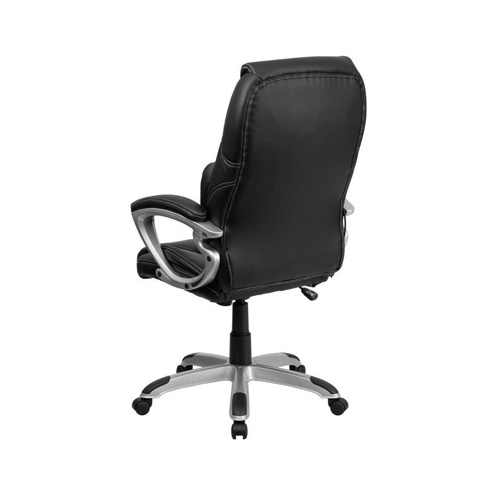 High Back Ergonomic Massaging Black LeatherSoft Executive Swivel Office Chair with Silver Base and Arms