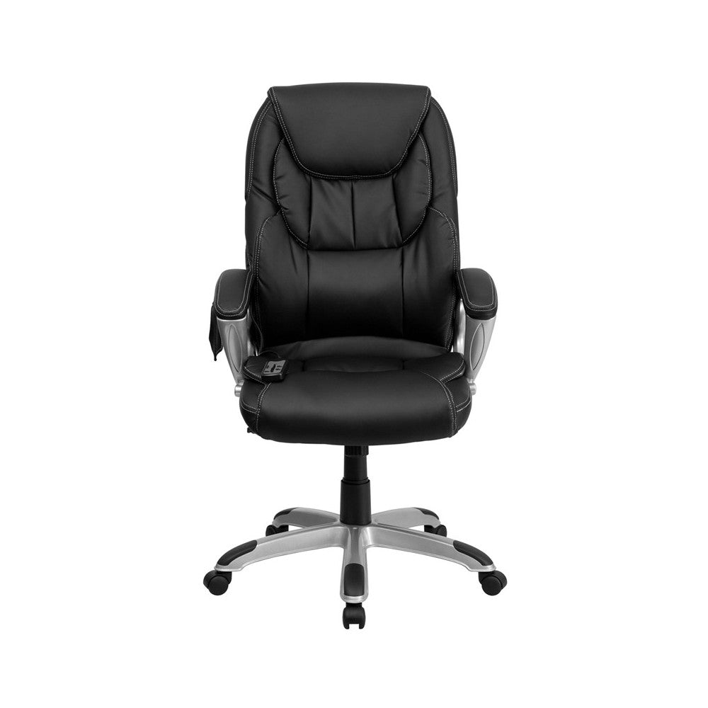 High Back Ergonomic Massaging Black LeatherSoft Executive Swivel Office Chair with Silver Base and Arms