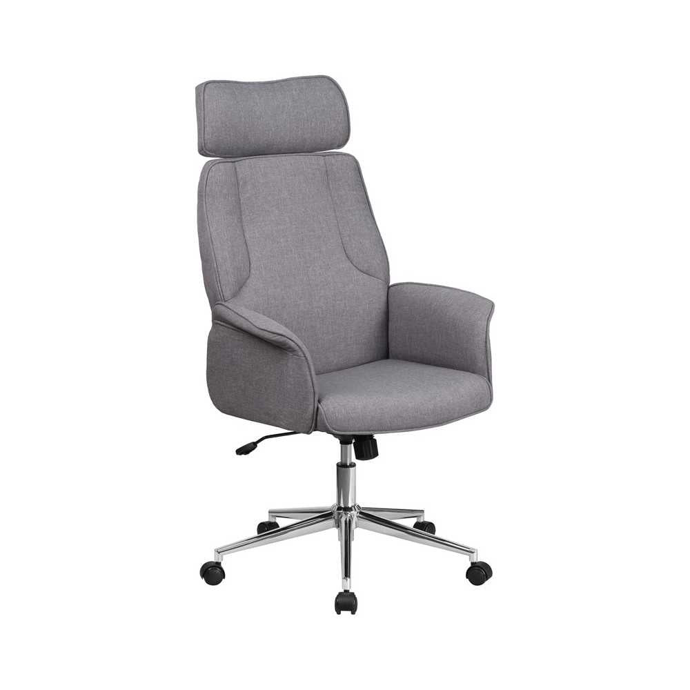 High Back Gray Fabric Executive Swivel Office Chair with Chrome Base and Fully Upholstered Arms