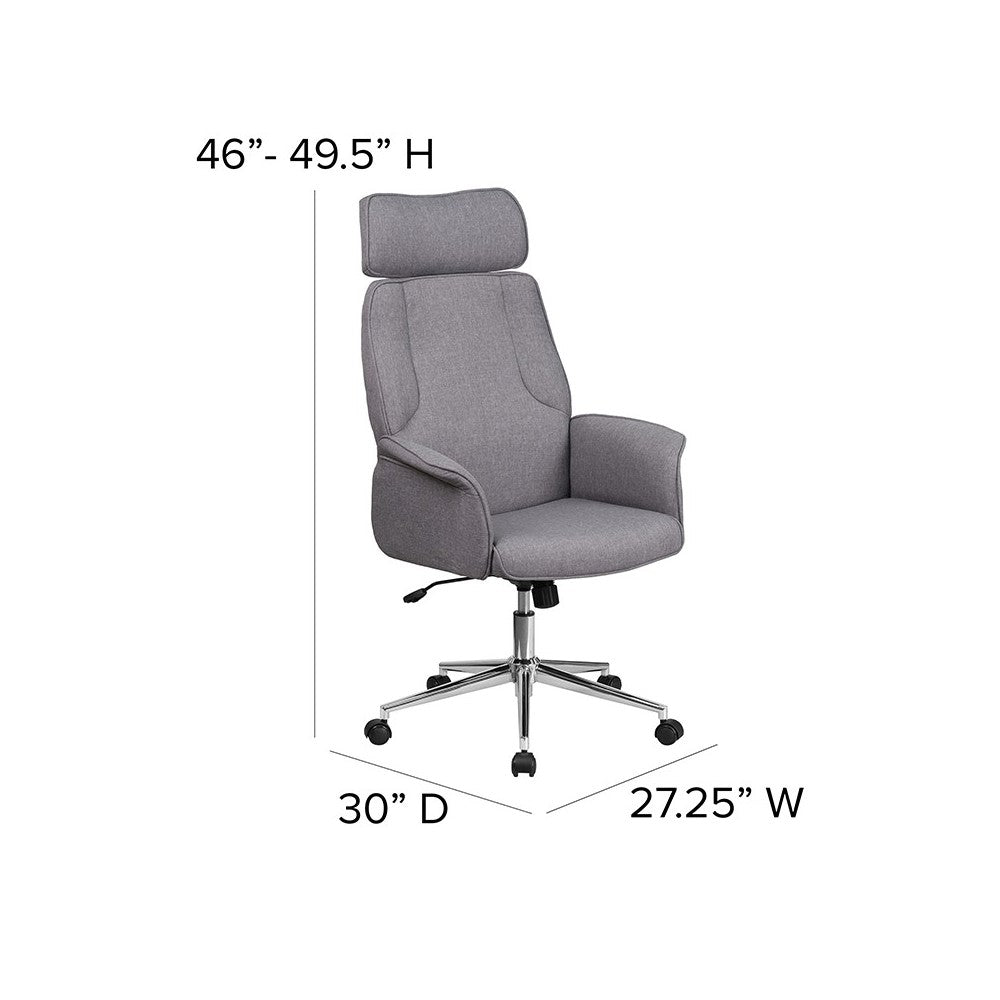 High Back Gray Fabric Executive Swivel Office Chair with Chrome Base and Fully Upholstered Arms
