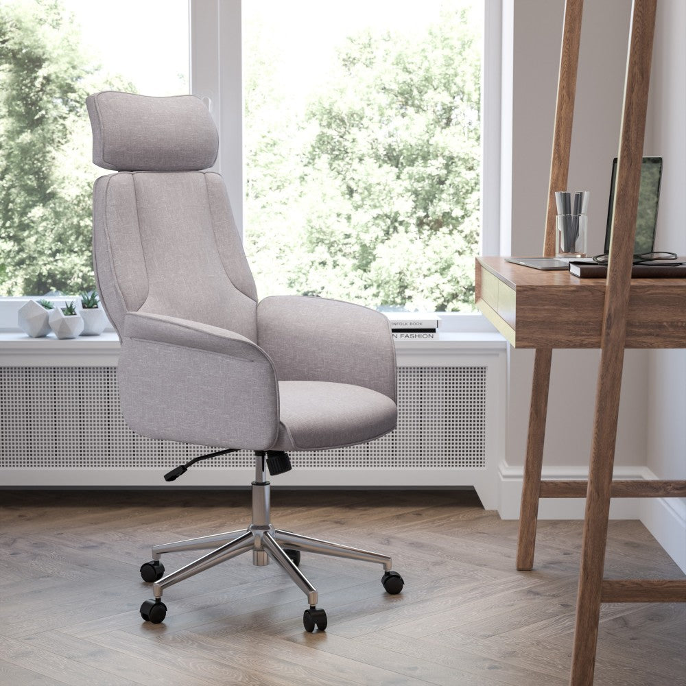 High Back Gray Fabric Executive Swivel Office Chair with Chrome Base and Fully Upholstered Arms