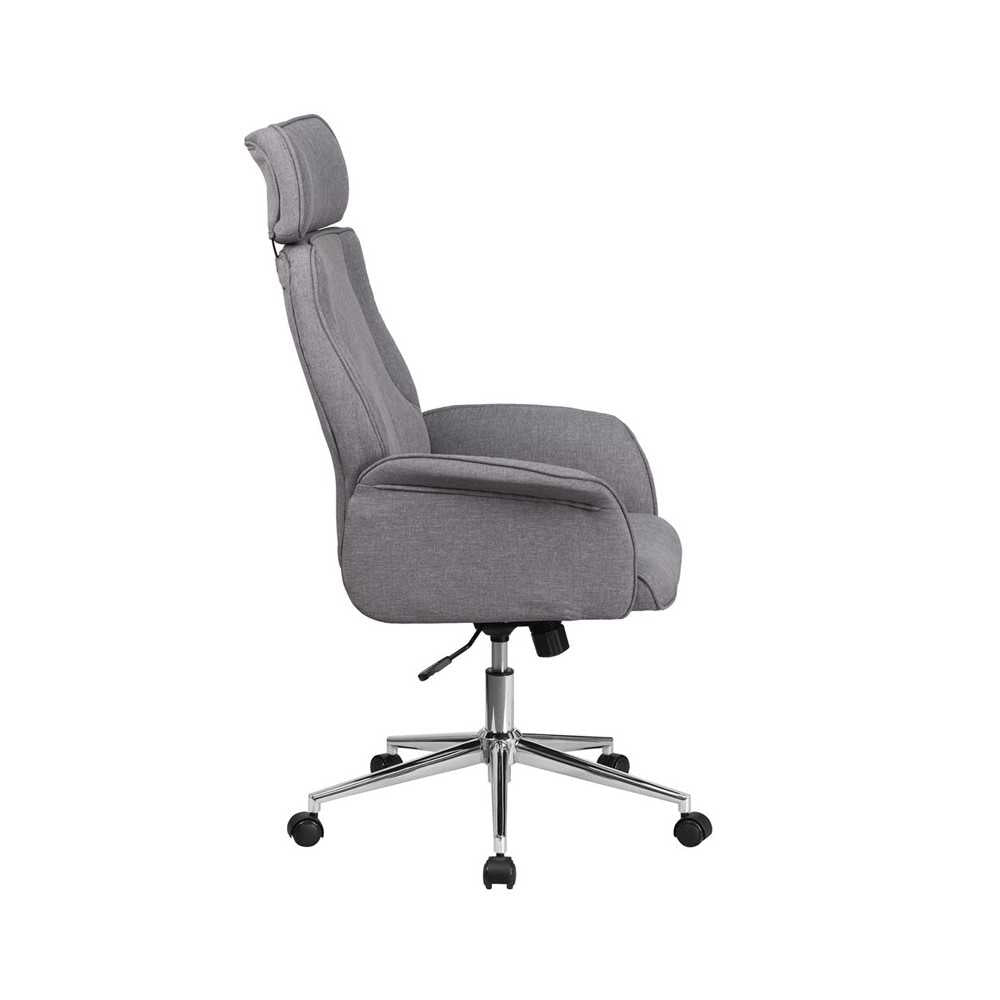 High Back Gray Fabric Executive Swivel Office Chair with Chrome Base and Fully Upholstered Arms