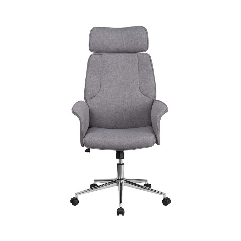 High Back Gray Fabric Executive Swivel Office Chair with Chrome Base and Fully Upholstered Arms