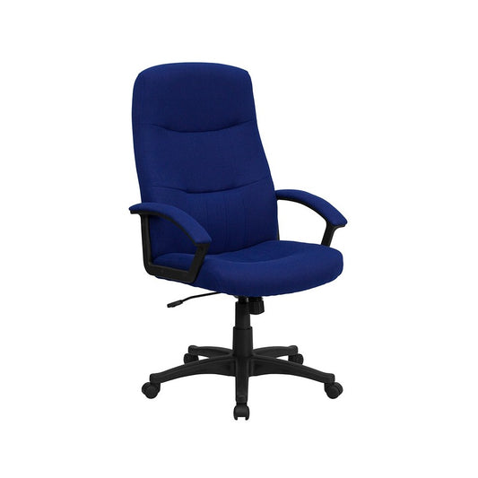 High Back Navy Blue Fabric Executive Swivel Office Chair with Two Line Horizontal Stitch Back and Arms