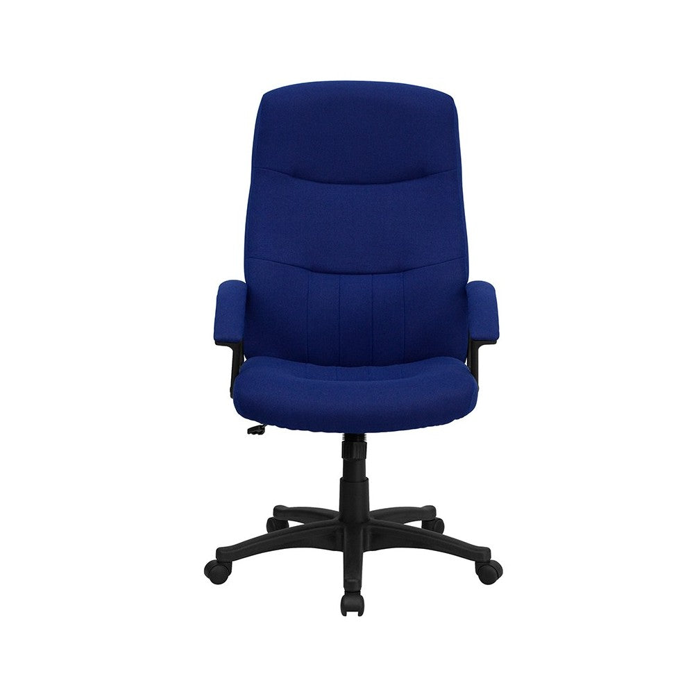 High Back Navy Blue Fabric Executive Swivel Office Chair with Two Line Horizontal Stitch Back and Arms