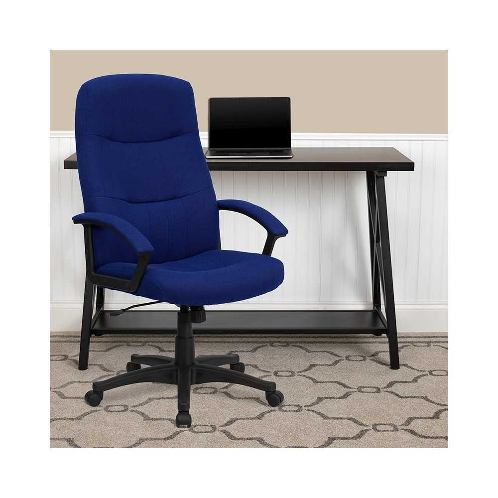 High Back Navy Blue Fabric Executive Swivel Office Chair with Two Line Horizontal Stitch Back and Arms