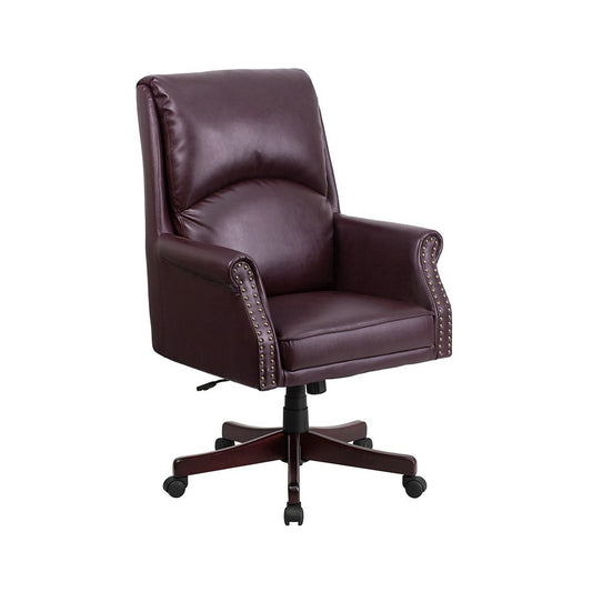 High Back Pillow Back Burgundy LeatherSoft Executive Swivel Office Chair with Arms