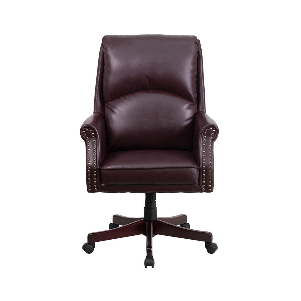 High Back Pillow Back Burgundy LeatherSoft Executive Swivel Office Chair with Arms