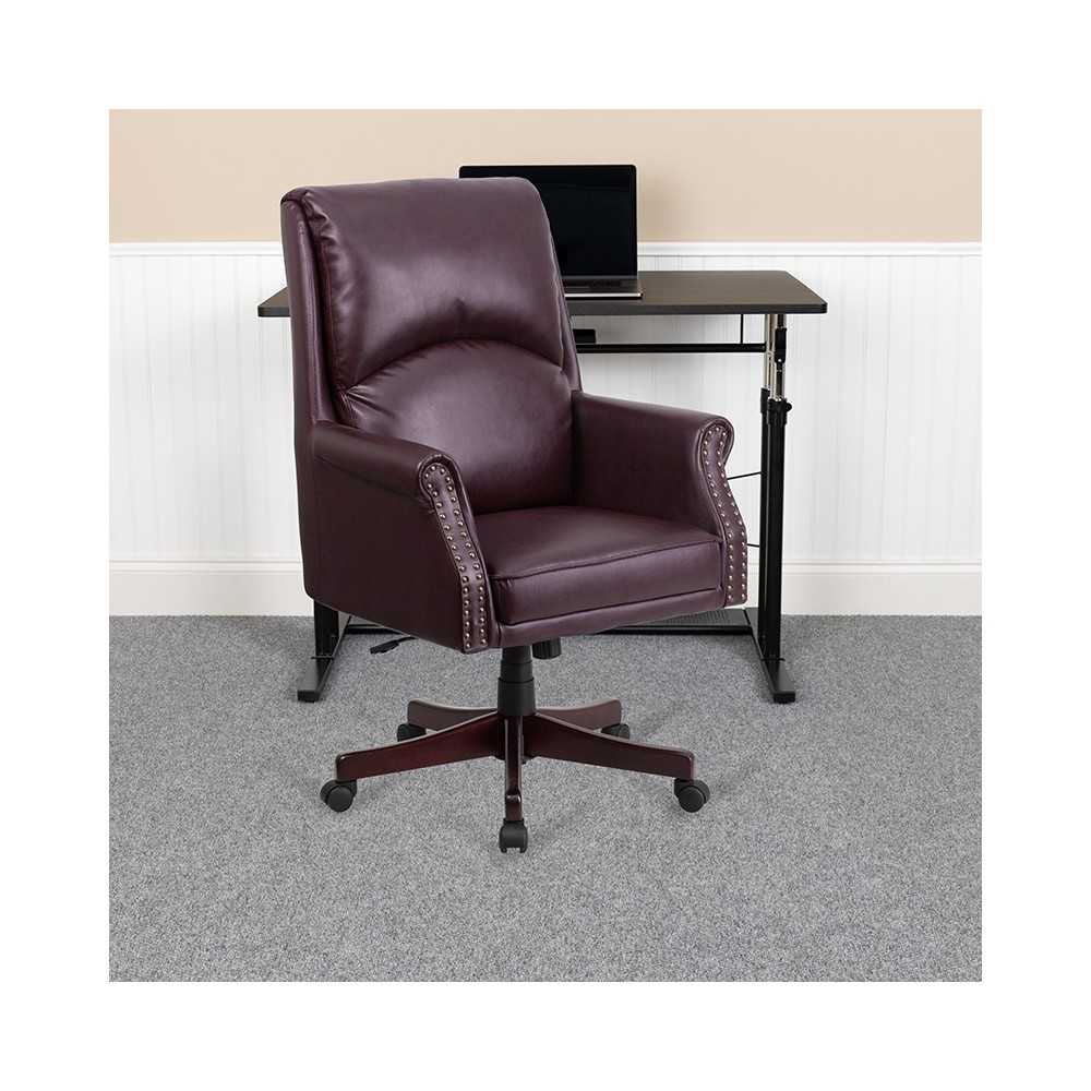 High Back Pillow Back Burgundy LeatherSoft Executive Swivel Office Chair with Arms