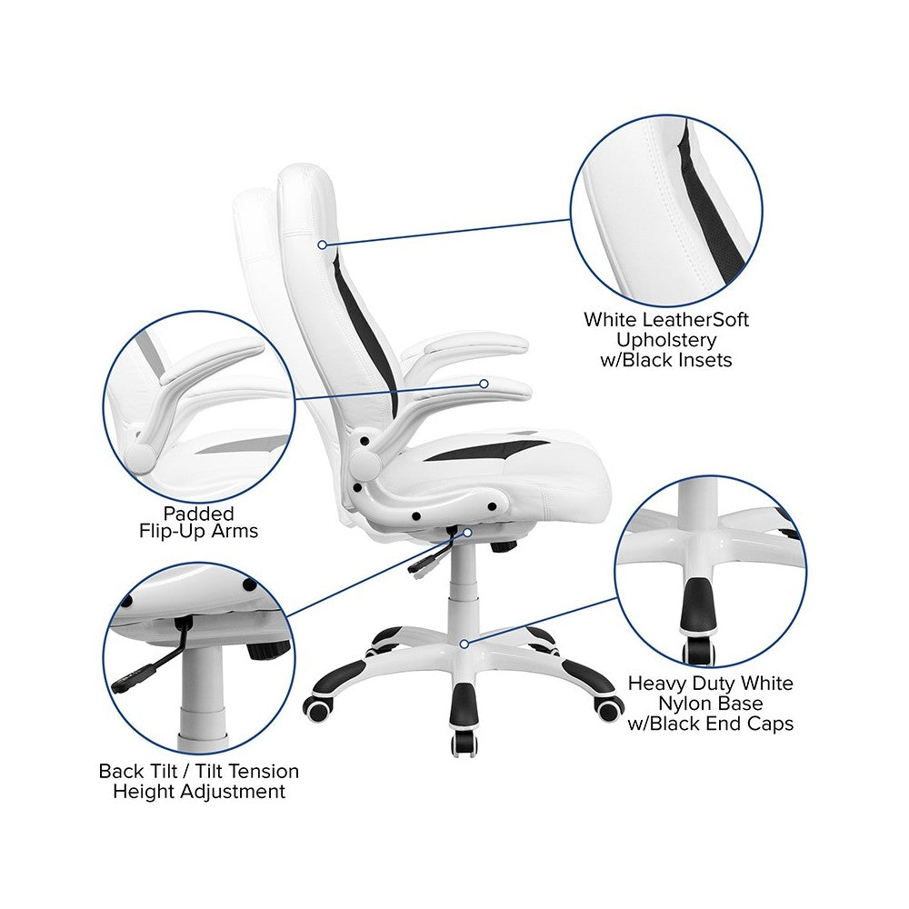High Back White LeatherSoft Executive Swivel Ergonomic Office Chair with Flip-Up Arms