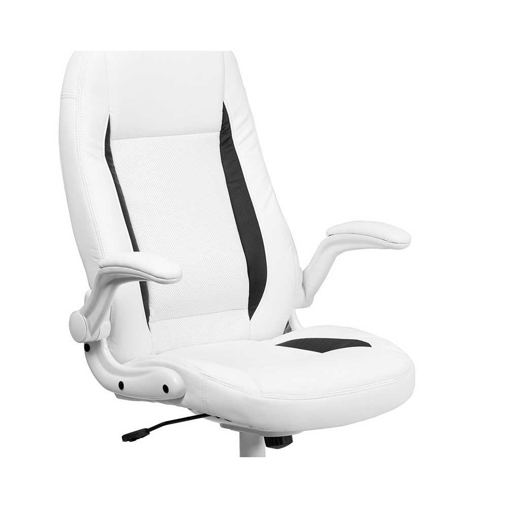 High Back White LeatherSoft Executive Swivel Ergonomic Office Chair with Flip-Up Arms