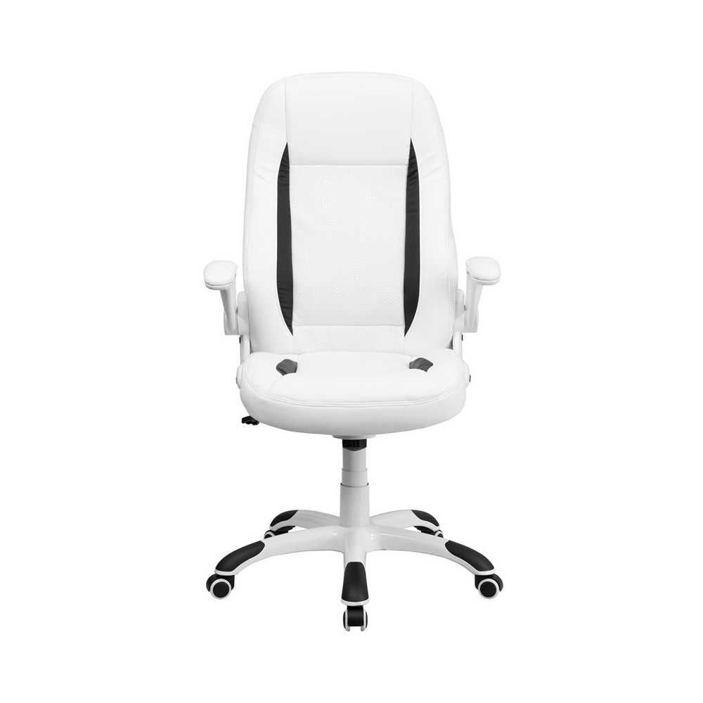 High Back White LeatherSoft Executive Swivel Ergonomic Office Chair with Flip-Up Arms