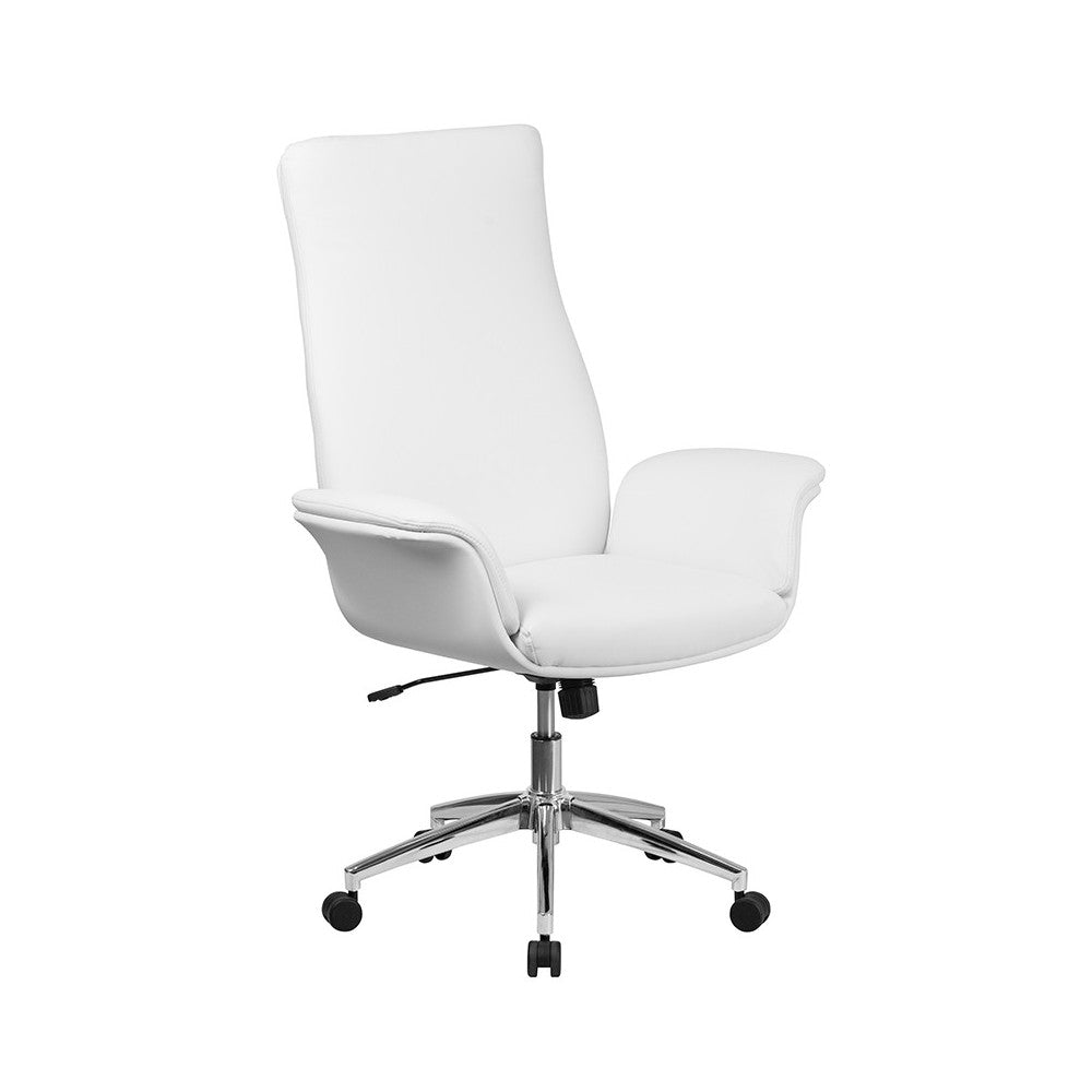 High Back White LeatherSoft Executive Swivel Office Chair with Flared Arms