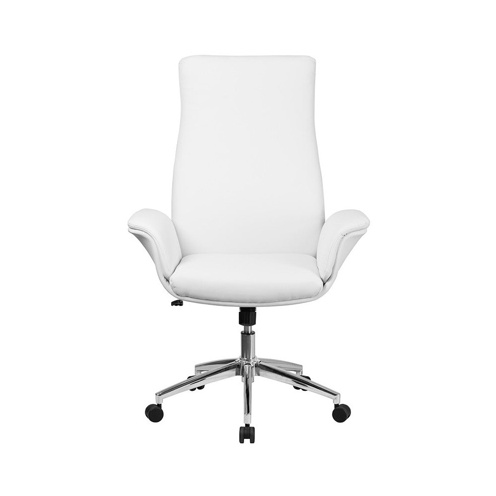 High Back White LeatherSoft Executive Swivel Office Chair with Flared Arms