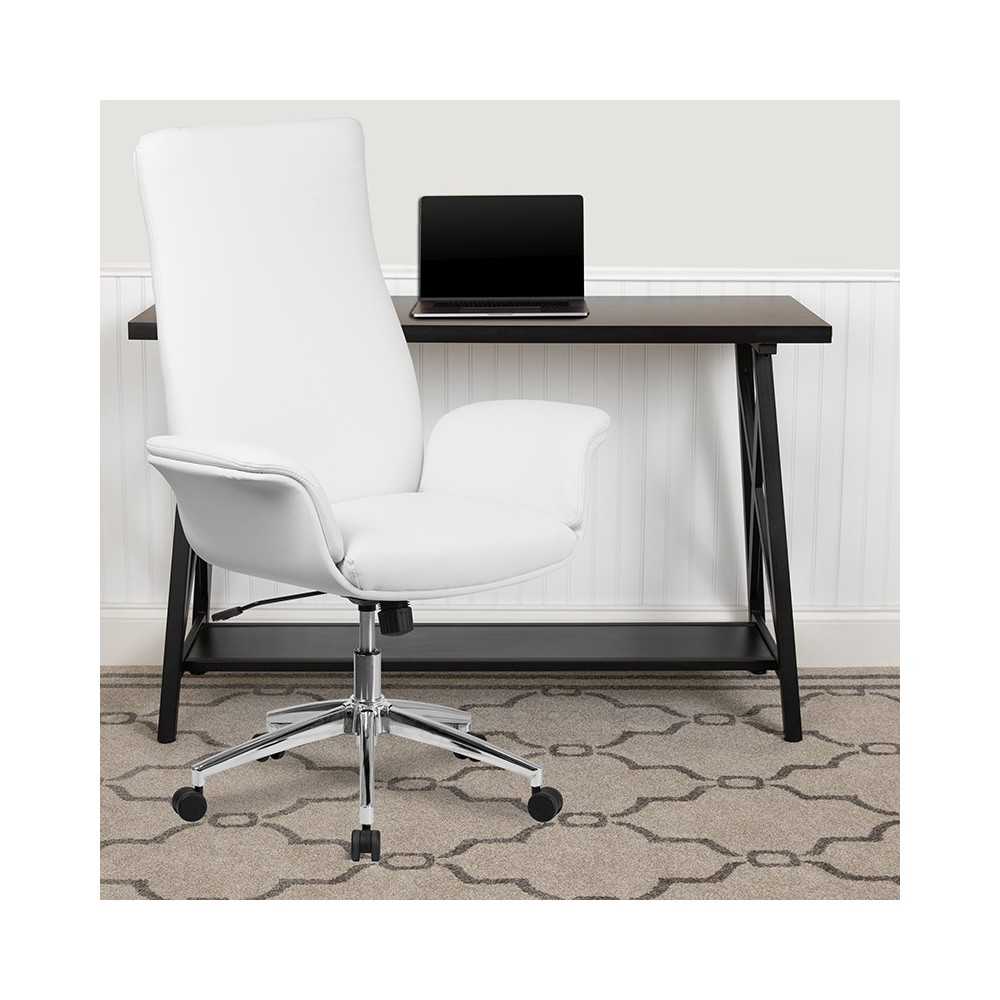 High Back White LeatherSoft Executive Swivel Office Chair with Flared Arms