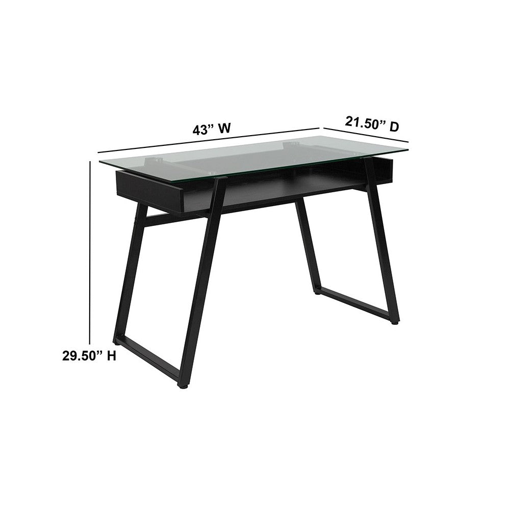 Huntley Glass Computer Desk with Shelf and Black Metal Legs