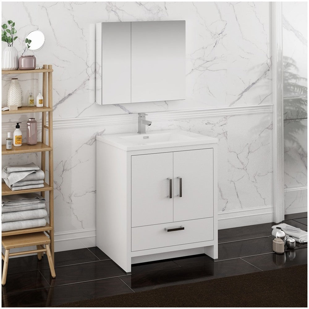 Imperia 30 Glossy White Free Standing Modern Bathroom Vanity w/ Medicine Cabinet