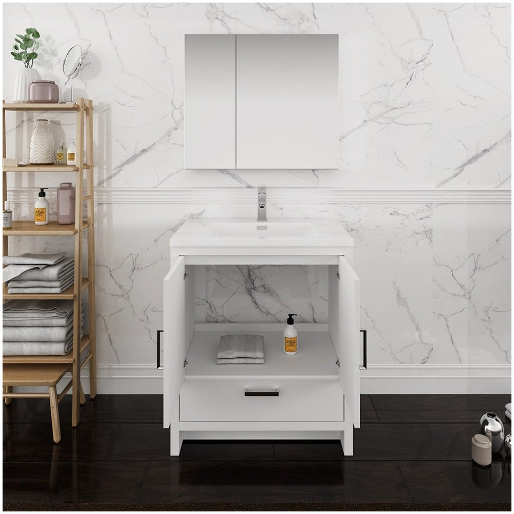Imperia 30 Glossy White Free Standing Modern Bathroom Vanity w/ Medicine Cabinet