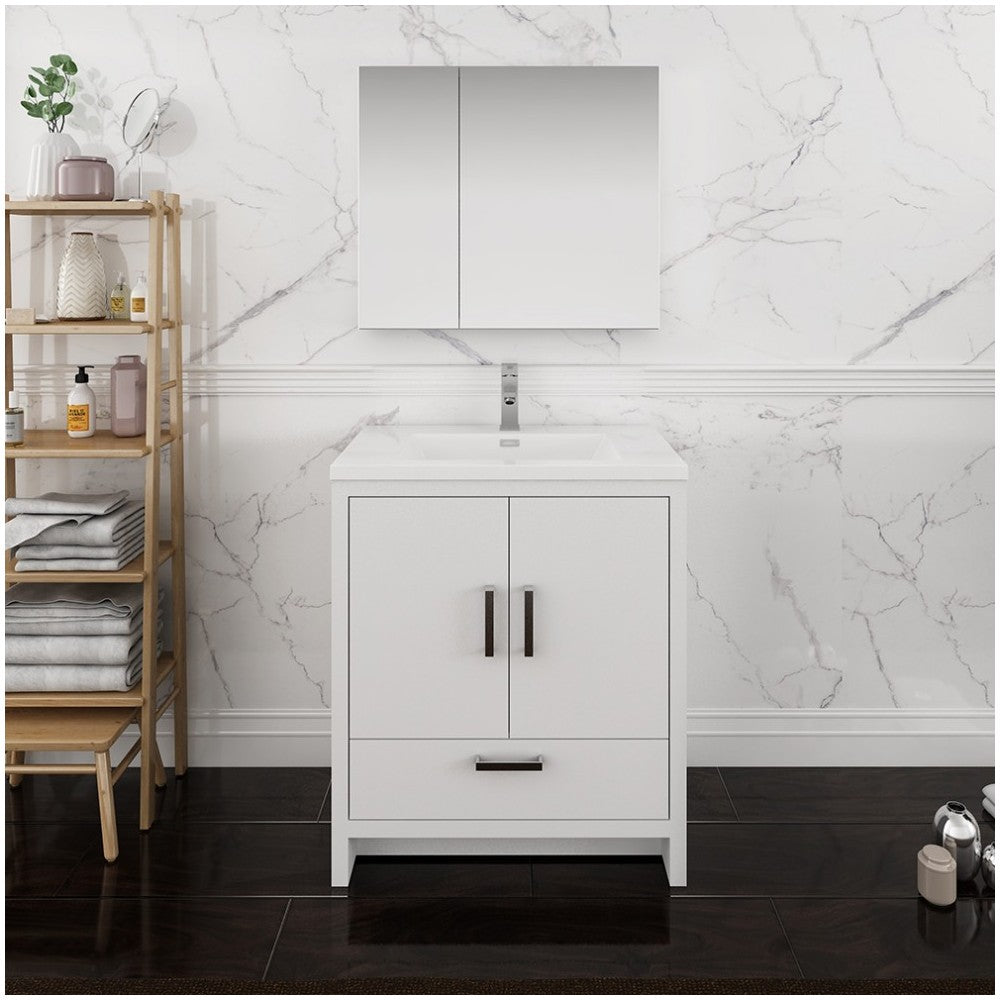 Imperia 30 Glossy White Free Standing Modern Bathroom Vanity w/ Medicine Cabinet