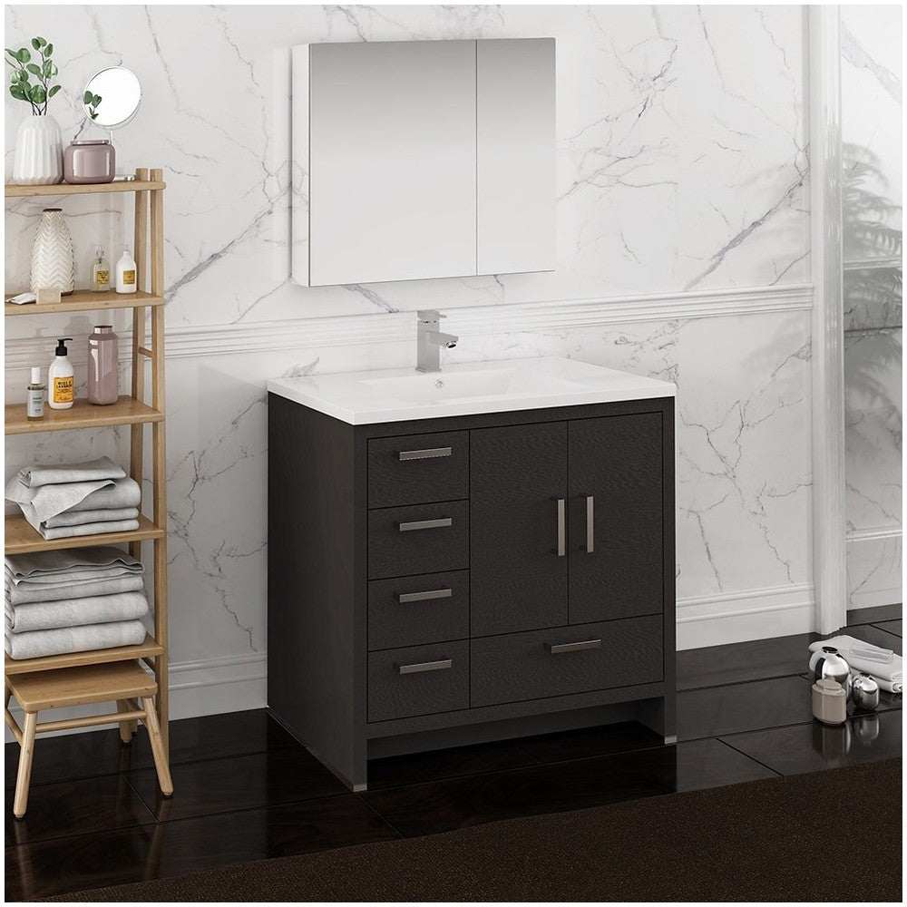 Imperia 36 Dark Gray Oak Free Standing Bathroom Vanity w/ Medicine Cabinet- Left