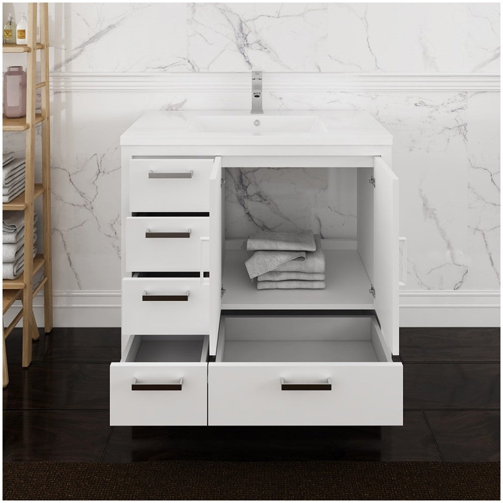 Imperia 36 White Free Standing Bathroom Cabinet w/ Integrated Sink - Left