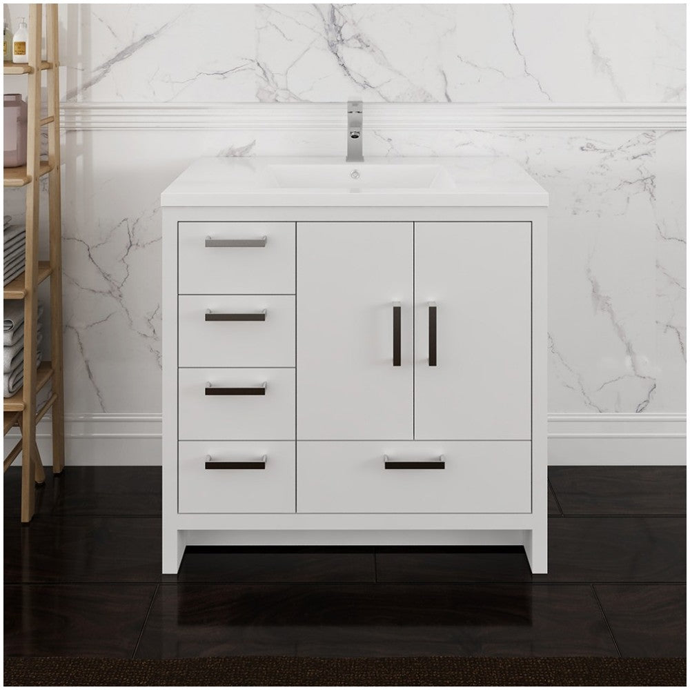 Imperia 36 White Free Standing Bathroom Cabinet w/ Integrated Sink - Left