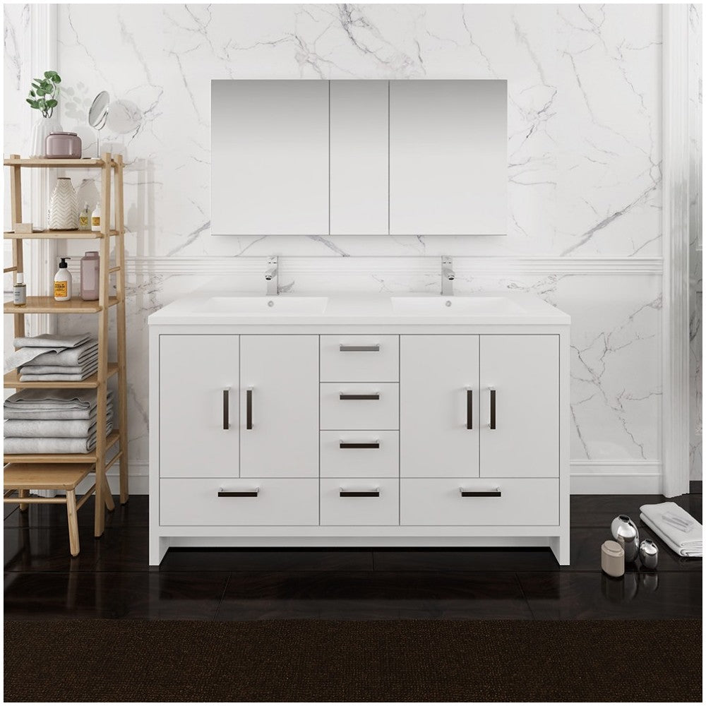 Imperia 60 White Free Standing Double Sink Bathroom Vanity w/ Medicine Cabinet