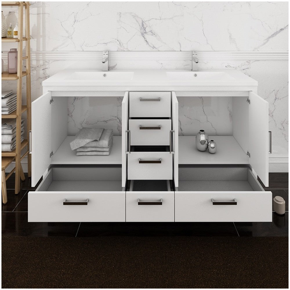 Imperia 60 White Free Standing Modern Bathroom Cabinet w/ Integrated Double Sink