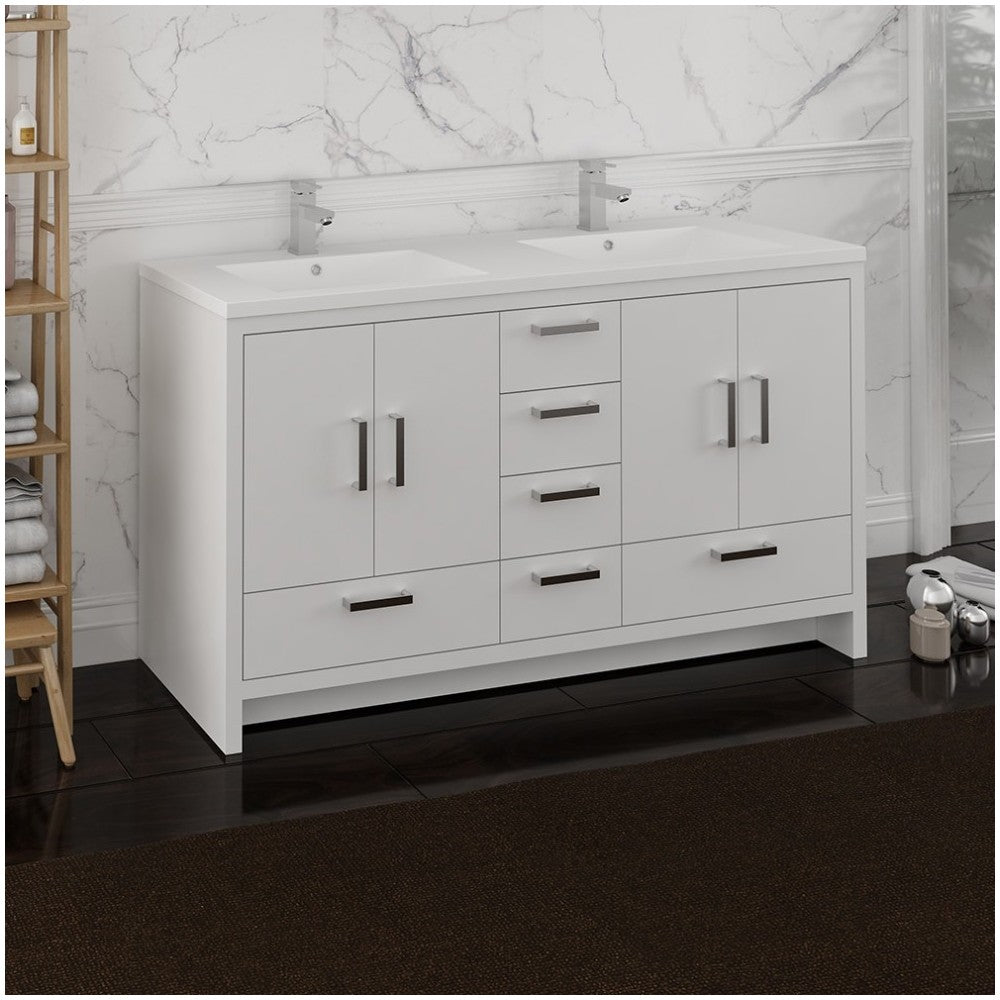 Imperia 60 White Free Standing Modern Bathroom Cabinet w/ Integrated Double Sink
