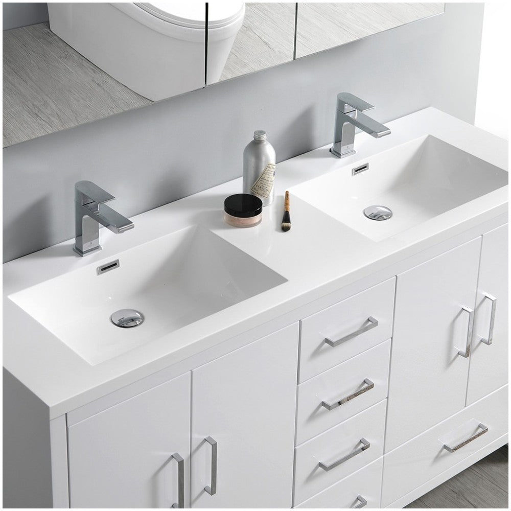 Imperia 60 White Free Standing Modern Bathroom Cabinet w/ Integrated Double Sink