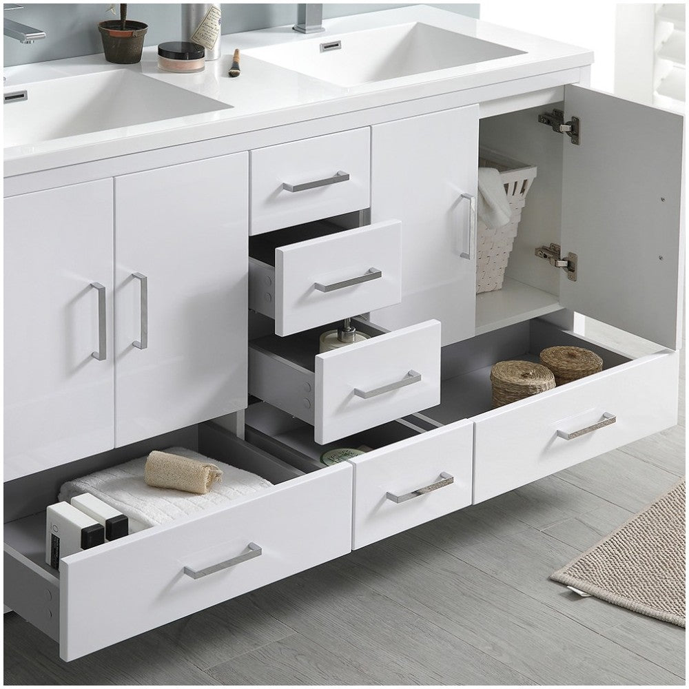 Imperia 60 White Free Standing Modern Bathroom Cabinet w/ Integrated Double Sink