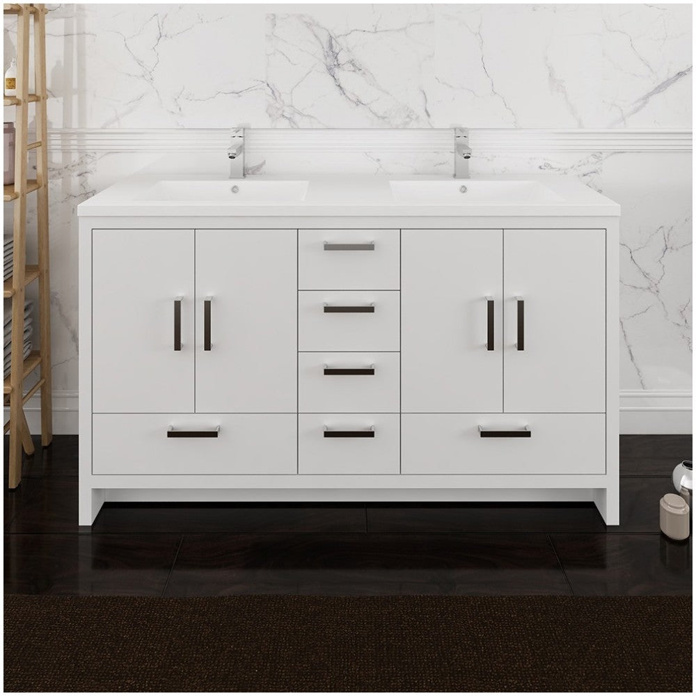 Imperia 60 White Free Standing Modern Bathroom Cabinet w/ Integrated Double Sink