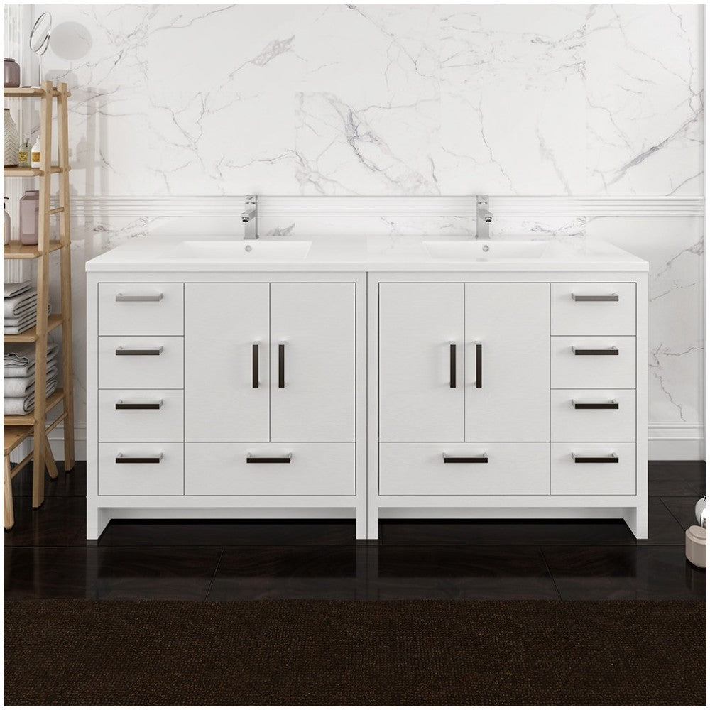 Imperia 72 White Free Standing Double Sink Bathroom Cabinet w/ Integrated Sink