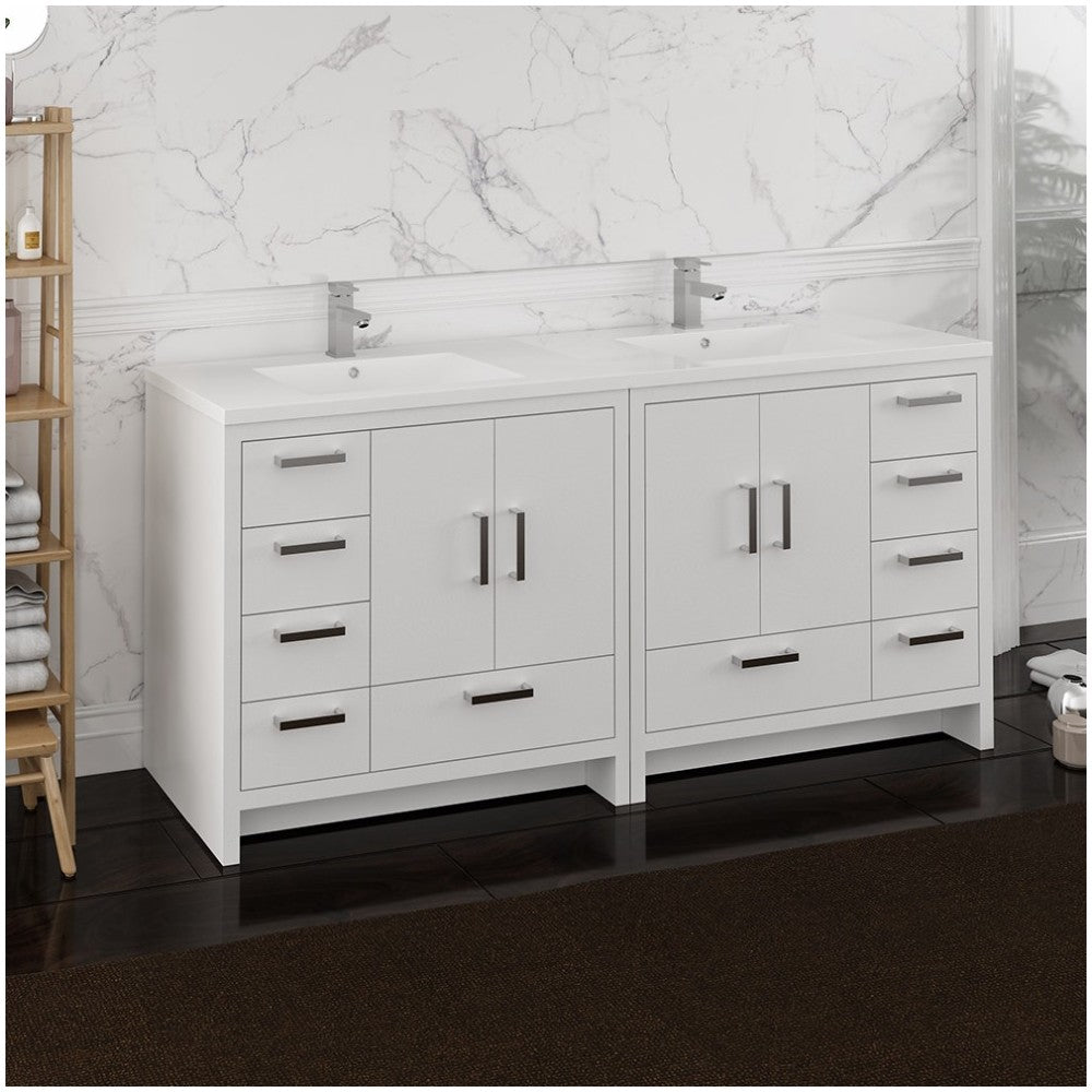 Imperia 72 White Free Standing Double Sink Bathroom Cabinet w/ Integrated Sink