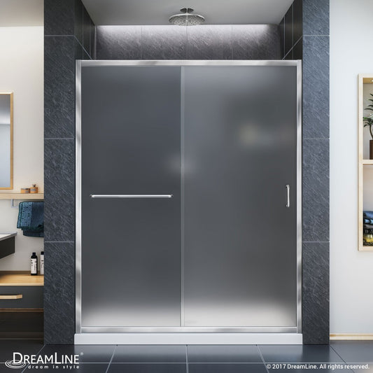 Infinity-Z 30 in. D x 60 in. W x 74 3/4 in. H Frosted Sliding Shower Door in Chrome and Center Drain White Base