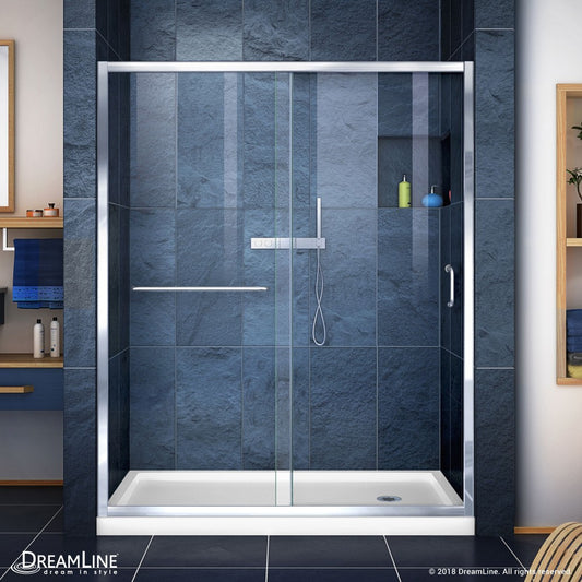 Infinity-Z 32 in. D x 60 in. W x 74 3/4 in. H Clear Sliding Shower Door in Chrome and Right Drain White Base