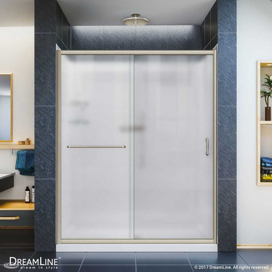 Infinity-Z 32 in. D x 60 in. W x 76 3/4 in. H Frosted Sliding Shower Door in Brushed Nickel, Center Drain Base, Backwall